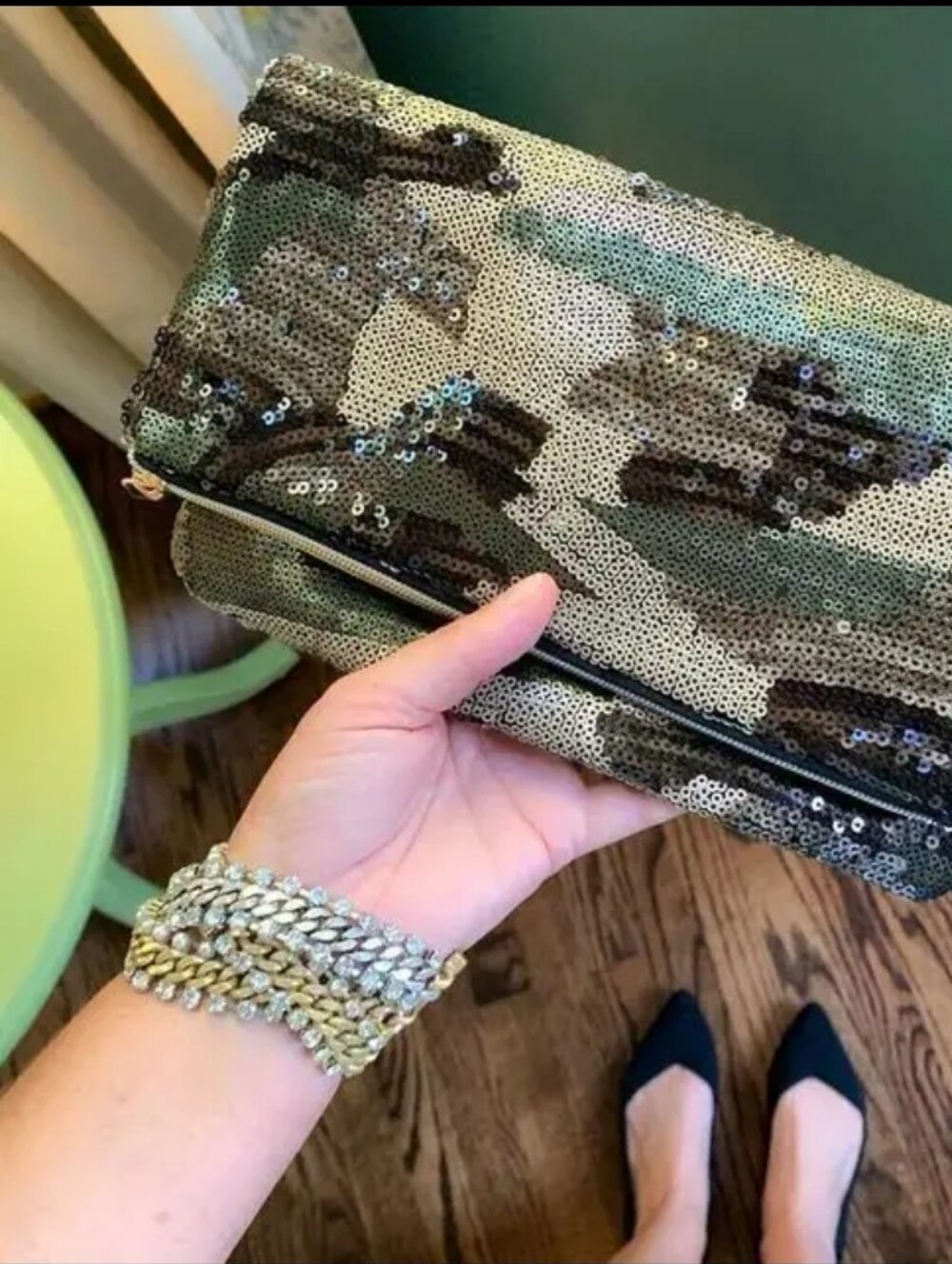 Camouflage Sequin Clutch Bag - Green Camo Stella & Dot Margeaux Clutch NIB - Picture 9 of 16